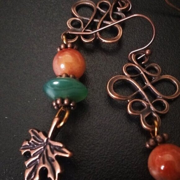 Stacked Beads + Copper Filigree + Maple Leaf Earrings - Unique Autumn Earrings - Picture 7 of 8